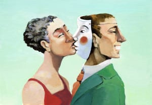 a woman kissing a mask instead of the man who has turned