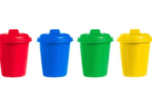 many color wheelie bins set, illustration of waste management concept