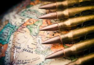 Map of the Middle East with Saudi Arabia in focus with bullets draped across