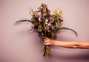 A woman's hand is holding a bouquet of dead flowers