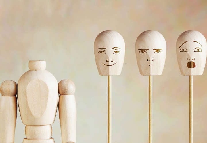 Various human emotions and mood. Abstract image with a wooden puppet