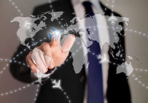 business travel concept, paths of airplanes on the worldmap